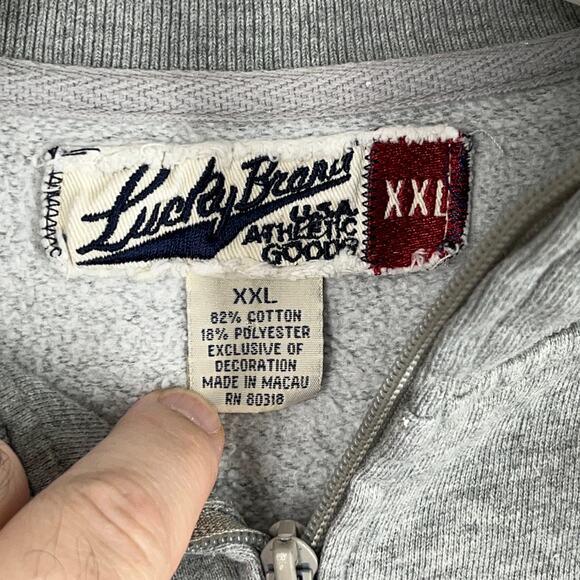 Lucky Brand Cardigan Sweater Mens XXL Gray Patches Zip Up Track Athletic Jeans - Picture 4 of 7